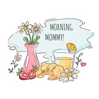 Desayuno de la mañana con zumo de naranja, cruasán, fresas y florero vector