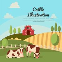 Cattle on Farm Landscape Illustration Vector