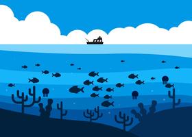 Peces en aguas profundas bajo el barco de pesca ilustración