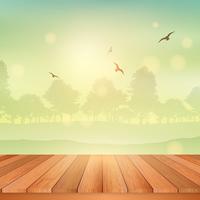 Wooden table looking out to sunny landscape vector