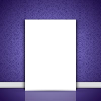 Blank canvas leaning on purple wallpaper 