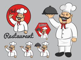 Happy chef cartoon mascot thumbs up and hold the dish vector