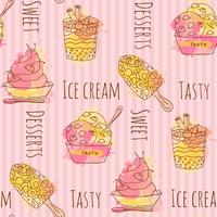 Vector ice cream illustration. Set of 4 hand drawn ice creams with colorful splashes. Seamless pattern