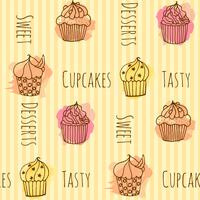 Seamless pattern with vector cupcake illustration. Set of 4 hand drawn cupcakes with colorful splashes. 