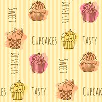 Seamless pattern with vector cupcake illustration. Set of 4 hand drawn cupcakes with colorful splashes. 