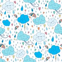 Vector seamless rain theme pattern. Colorful doodling autumn design with clouds. 