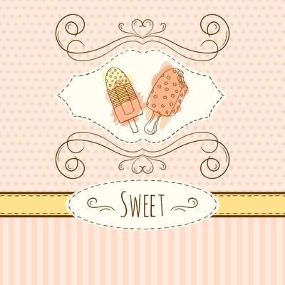 Ice cream illustration. Vector hand drawn card with watercolor splashes. Sweet polka dots and stripes design. 