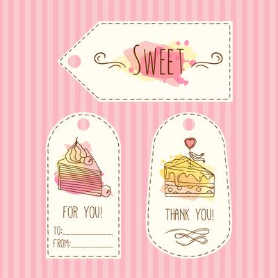 Tags with cake illustration. Vector hand drawn labes set  watercolor splashes. .