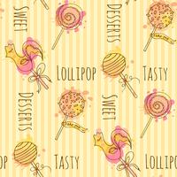 Seamless pattern. Vector candy illustration. Set of hand drawn lollipops with colorful splashes. Cake pop with cream design.