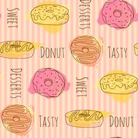 Vector donut illustration. Hand drawn donuts with colorful watercolor splashes.  Seamless pattern.