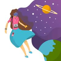 Flat Woman fall in Love with technology and her imagination background vector illustration