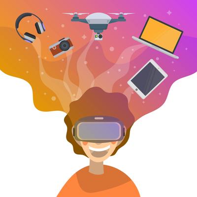 Flat Man fall in Love with technology and his imagination background vector illustration