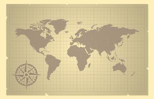 Mapa del mundo y rosa de los vientos en la vieja ilustración de papel vector