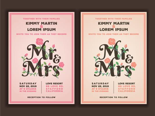 Mr and Mrs title with flower wedding invitations template. Peach