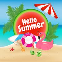 Hello Summer Season Background and Objects Design with Flamingo  vector