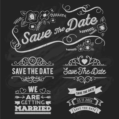 Set of save the date typography frame and ribbon chalk style. Sa