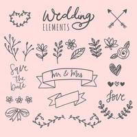 Dibujado a mano elementos de la boda
