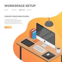 Configuración de espacio de trabajo plano isométrico con ilustración de Vector de fondo degradado naranja