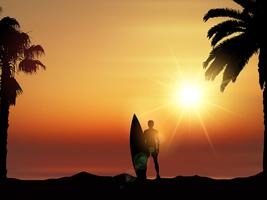 Surfista en paisaje tropical. vector