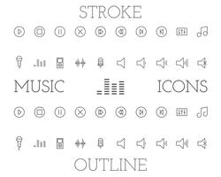 Conjunto de iconos de contorno y trazo de música, diseño de línea delgada simple. Aislado en el fondo blanco Vector