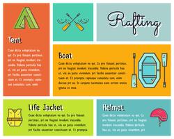 Flat design vector infographics of kayaking, canoe equipment with text, icons, emblems. Cute drawing style for web, mobile app, long shadow. Outdoor adventure and travel theme.