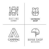 Colección de logotipos de rafting minimalista, etiquetas o distintivos de línea. Aventura al aire libre, diseño monocromo. Mejor para la tienda de equipos, camping, travek sitio, blog, publicidad, folleto, banner, cartel. Vector