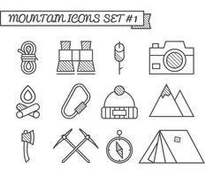 Set of Camping, travel icons, thin line style, flat design. Mountain climbing theme with touristic tent,  axe and other equipment elements. Isolated on white background. Vector