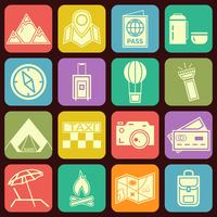 Modern flat traveling and camping icons vector collection in stylish multicolor buttons backgrounds. Vacation theme.