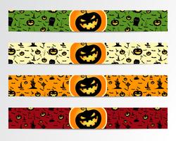 Cuatro banners de halloween con diseños en verde, rojo, brillante y naranja. Se puede utilizar en la web, imprimir. Como invitación, tarjeta de viajero, cartel de halloween, etc. Diseño agradable para la celebración. Vector. vector