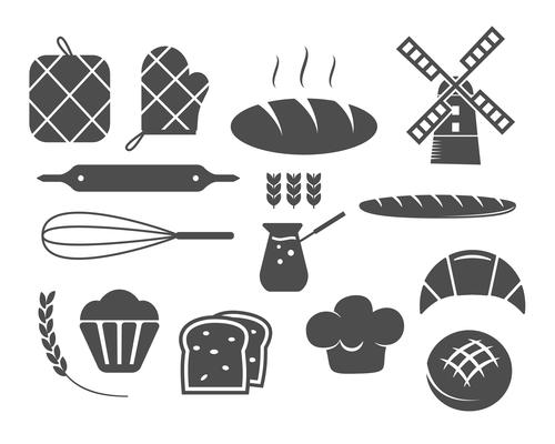 Set of bakery silhouette icons and design elements, symbols. Fresh bread, cakes logo templates. Monochrome vintage style. Cupcake emblem. Vector