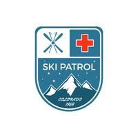 Ski Patrol Label. Escudo de explorador de deportes de invierno de montaña vintage. Diseño de logo de aventura al aire libre. Viajes dibujados a mano y emblema de color hipster. Símbolo de icono de primeros auxilios. Bonita paleta. Vector de desierto