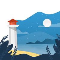 Flat Light House Night Time in Beach With Minimalist Gradient Background Vector Illustration