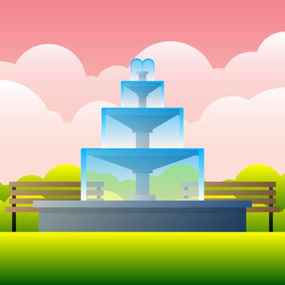 Fountain In Garden At Sky Background Vintage Illustration