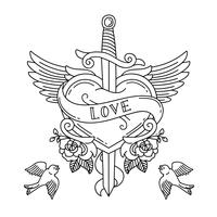 Tatuaje del corazón con alas y cuchillo vector