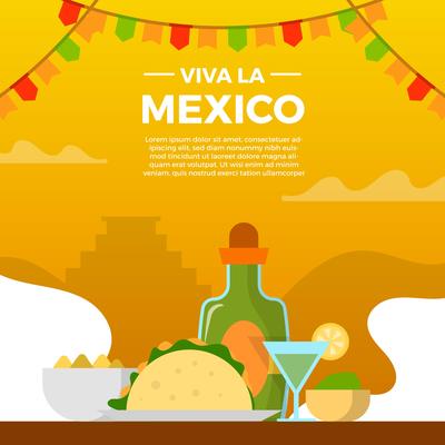 Flat Viva La Mexico Taco and Tequilla With Gradient Background Vector Illustration