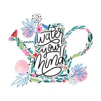 Cute Flowers And Leaves With Watering Can Shape And Lettering Inside vector