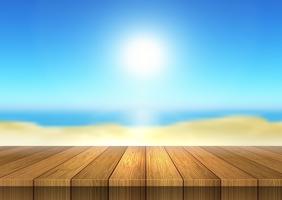 Wooden table looking out to defocussed beach landscape vector