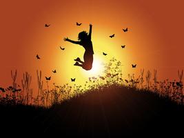 Girl jumping against sunset sky vector