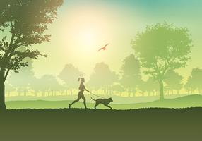 Mujer, jogging, con, perro, en, campo vector