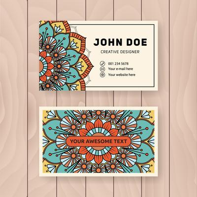 Creative useful business name card design. Vintage colored Manda