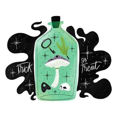 Mystic Green Bottle With Fungu, Skull And Witch Elements