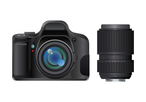 Modern Digital SLR Camera with Lens on White Background