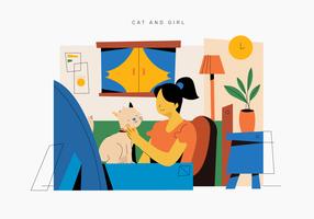 Cute Cat And Girl Playing In Bedroom Vector Flat Illustration