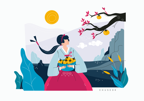 Cute Girl Celebrating Korean Harvest Festival Vector Flat Illustration Background