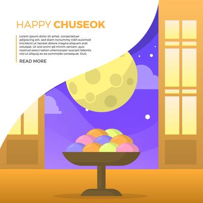 Flat Chuseok Autumn Festival with Full Moon Background Vector Illustration