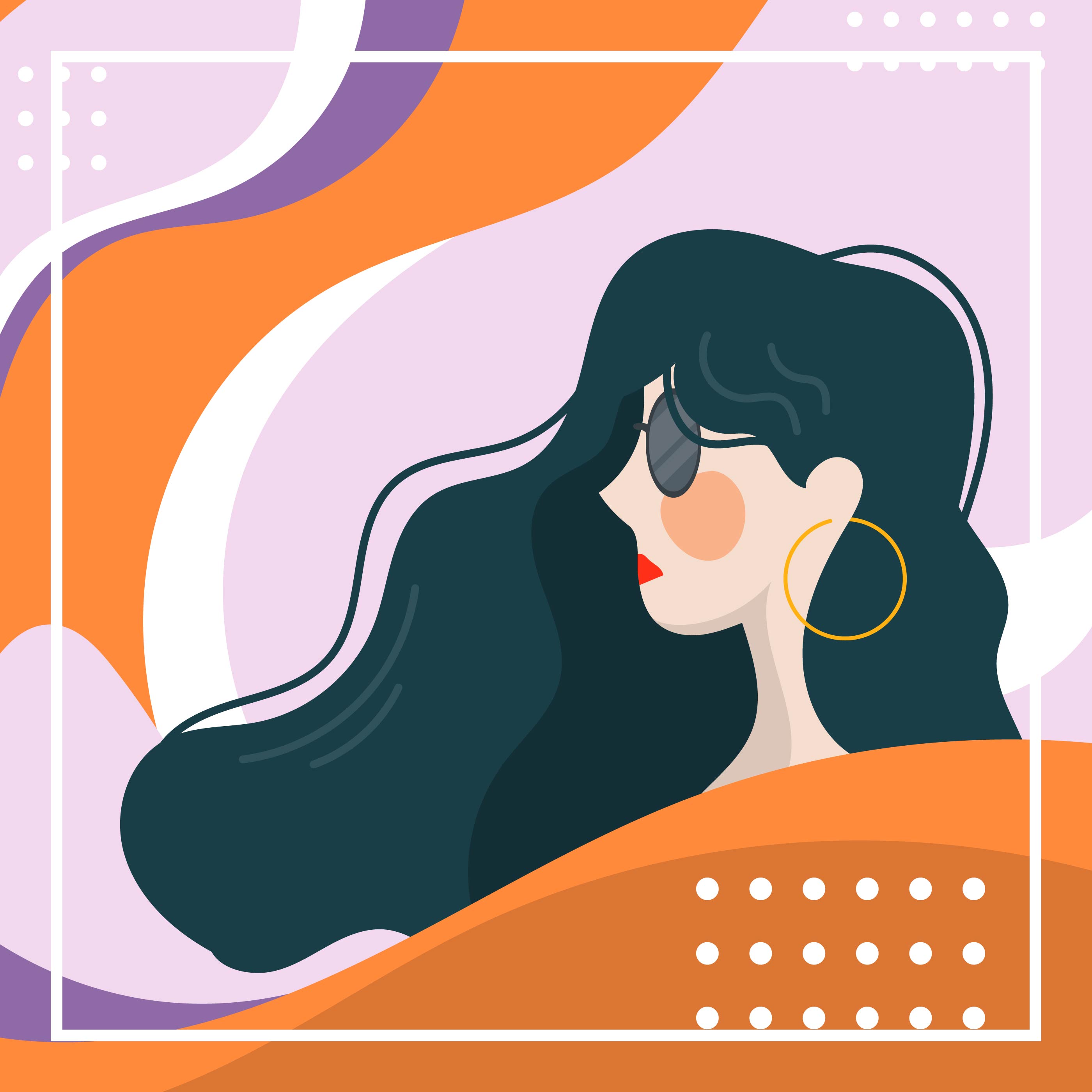 Flat Girl With Wavy Hair And Glasses Character With Abstract