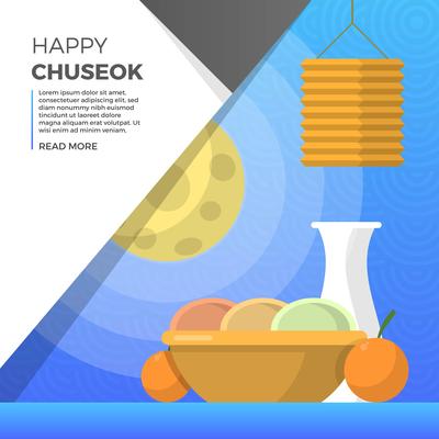 Flat Chuseok Autumn Festival Food with Full Moon Background Vector Illustration