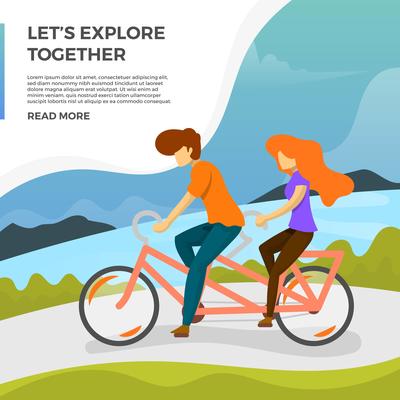 Flat Couple Ride Tandem Bike Vector Illustration