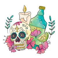 Calavera con vela y tequila vector