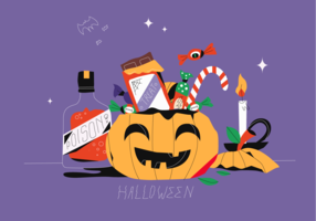 Fiesta de dulces de Halloween en ilustración plana de Vector de cesta de calabaza